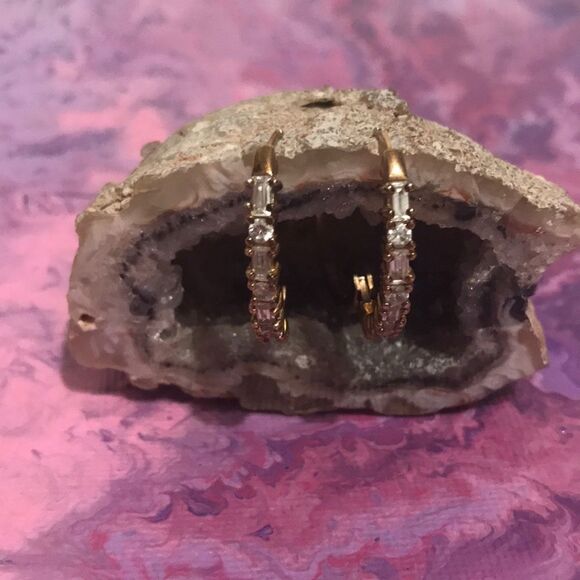 Gold Toned Silver CZ Snap Hooped Earrings - Picture 3 of 9